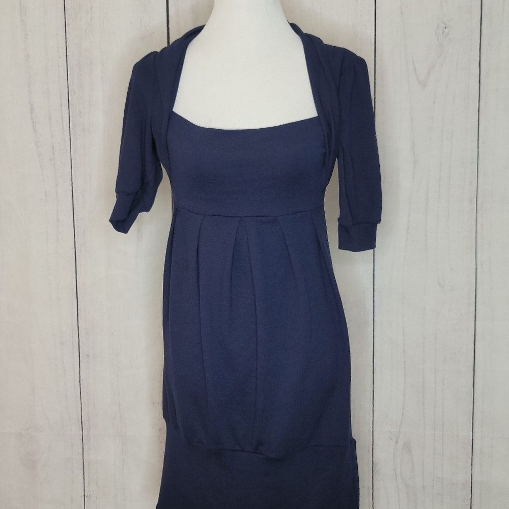 Rhapsody Navy Blue Square Neck 3/4 Sleeve Pleated Bubble Hem Dress‎ M